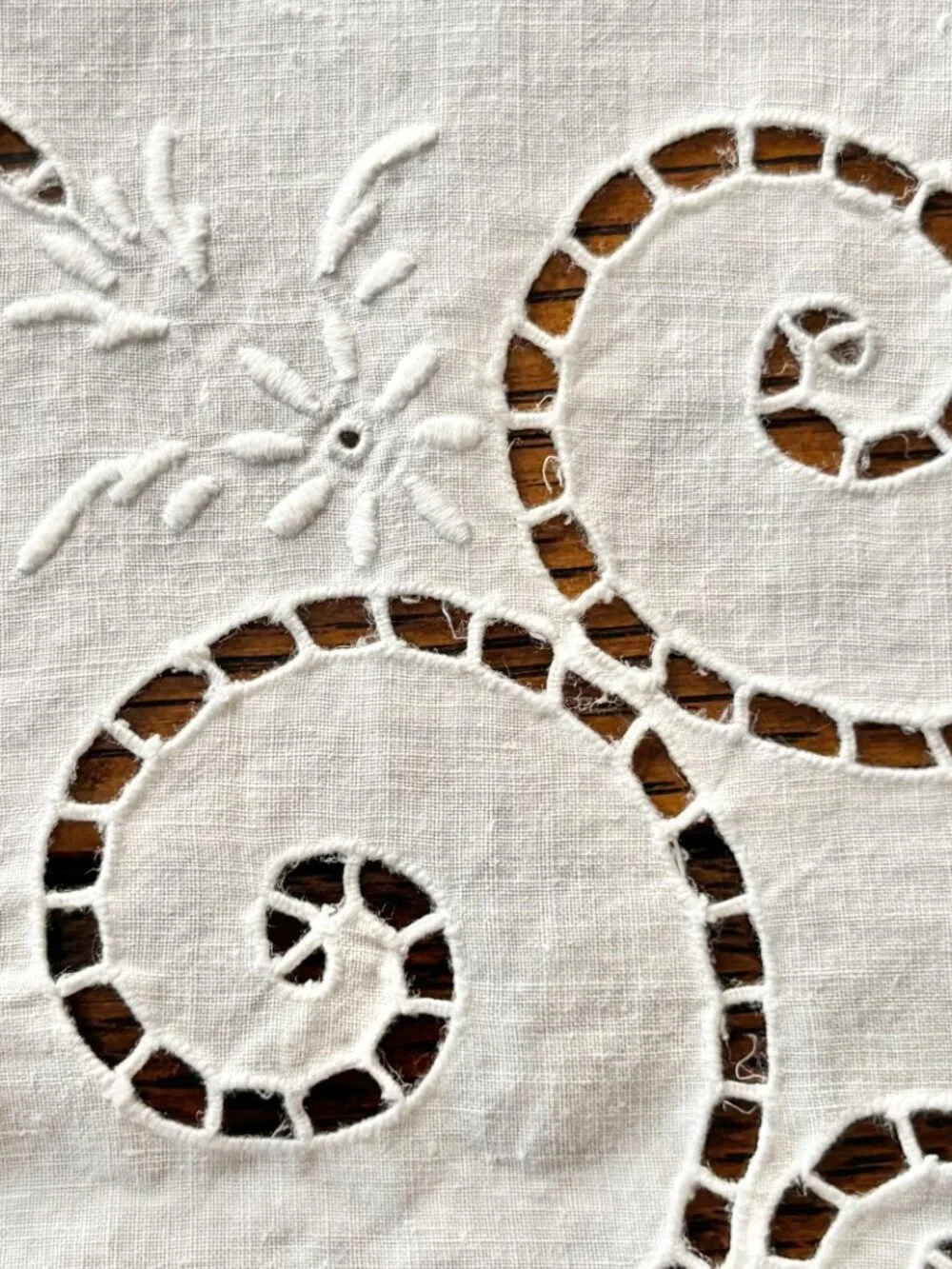 Vintage White Linen Eyelet Embroidered Tablecloth 68 x 84
